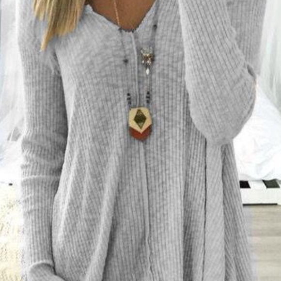 Gray V Neck Long Sleeve Sweater - Picture 4 of 6